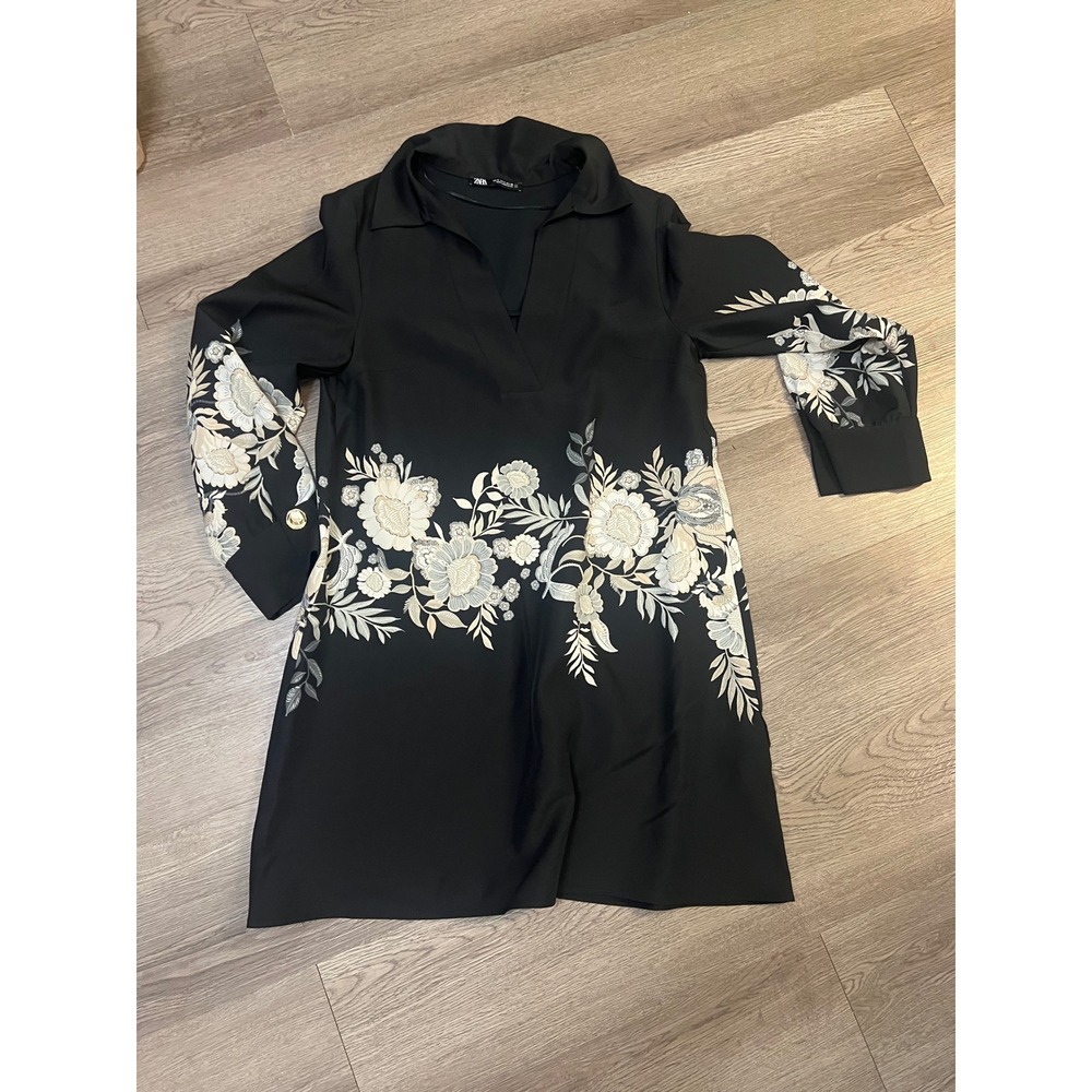 Zara Black Floral Embroidered V-Neck Mini Dress Long Sleeve Collared Tunic Small